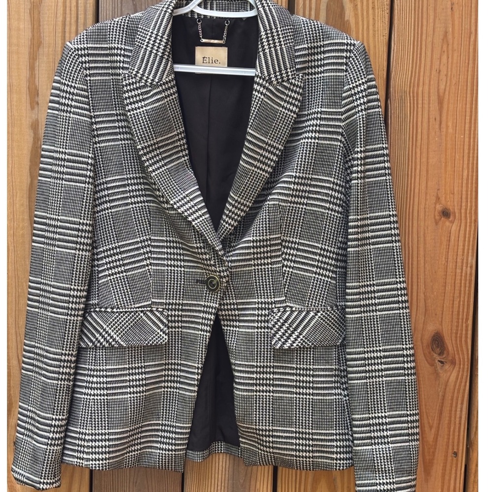 Elie Tahari Women Black White Glen Plaid Single Button Blazer 6 Minimalist Luxe